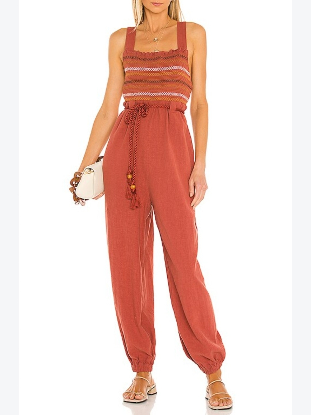 Free People Rust Smocked Linen Blebd Jumpsuit.
